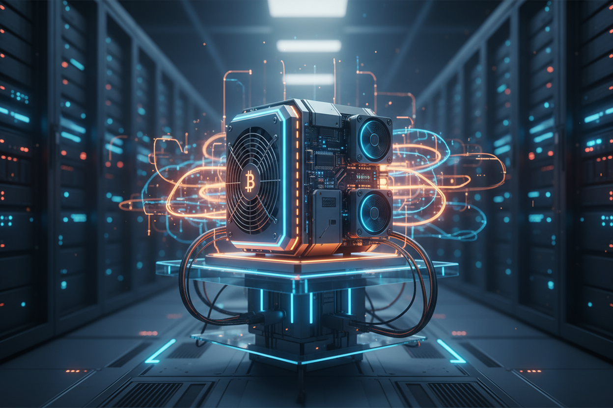 Create a realistic landscape hero image for a modern cryptocurrency hardware website that sells a Bitcoin miner device.

Scene: A sleek futuristic workspace or data-center environment with glowing cables, cooling fans, and digital energy flowing around a compact Bitcoin mining device on a desk or pedestal.

Main Focus: The Bitcoin miner device — visually powerful, detailed hardware with metal casing, LED indicators, and subtle Bitcoin symbols.

Lighting: Warm orange glow (#F7931A) to represent Bitcoin, mixe
